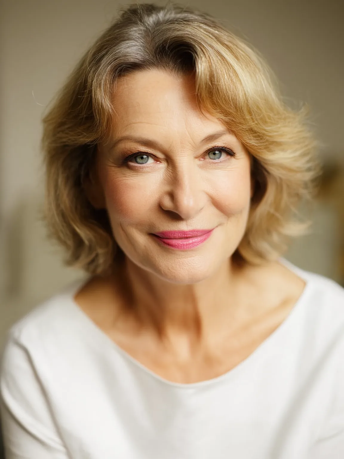 Chin-Length Wavy Layered Bob in Soft Blonde with Grey Highlights